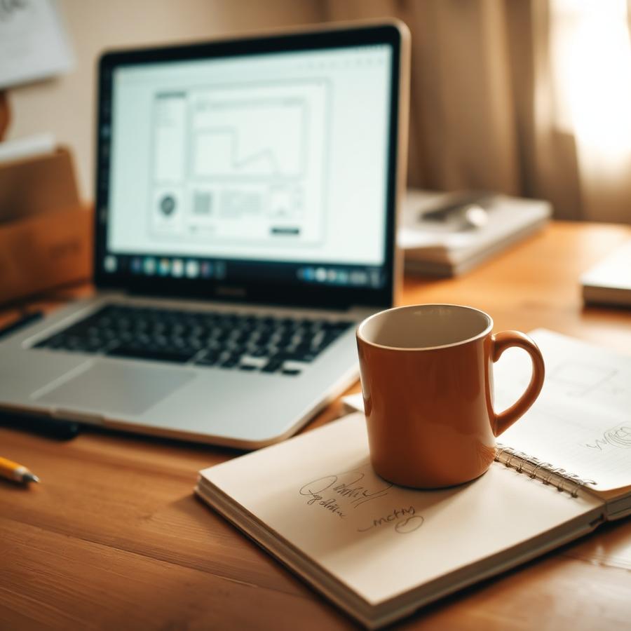 Detail of a working desk with an interface wireframe on screen
